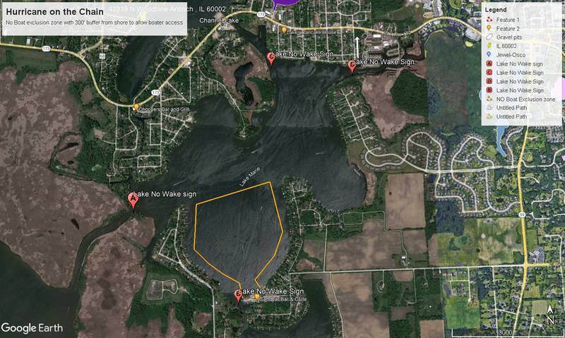 The Fox Waterway Agency reminds the public that Lake Marie will be No Wake from 10 a.m. to 5 p.m. on Saturday, Sept. 21, and Sunday, Sept. 22, 2024, during the Hurricane on the Chain power boat races at Sandbar on Lake Marie.