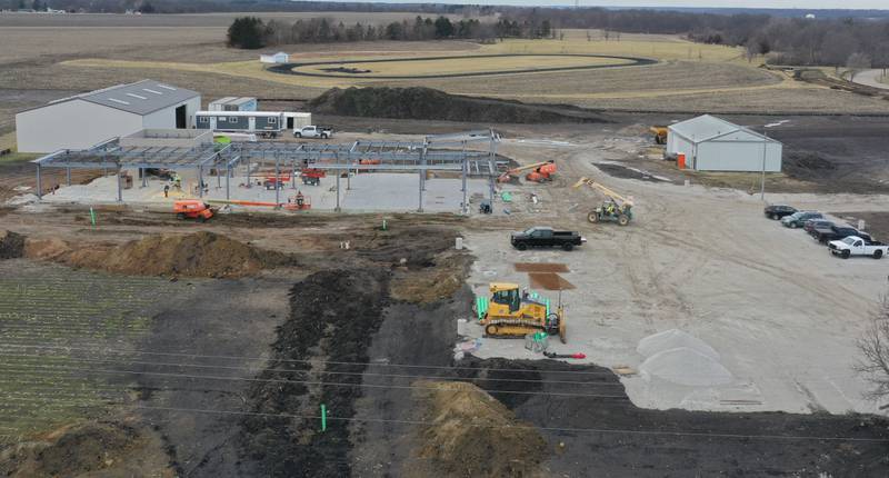 An aerial view showing crews building the exterior shell of the Dr. Alfred E. Wisgoski Agricultural Education Center on Tuesday, Jan. 13, 2026 on the southern end of the  Illinois Valley Community College campus in Oglesby. Last August, IVCC officially broke ground on the $7.6 million Dr. Alfred E. Wisgoski Agricultural Education Center. The 10,250-square-foot facility is expected to open in 2027. The project is supported by a $3.5 million grant from the U.S. Department of Economic Development Administration, a $240,000 grant from the Illinois Department of Commerce and Economic Opportunity and a $1 million gift from the Wisgoski family.