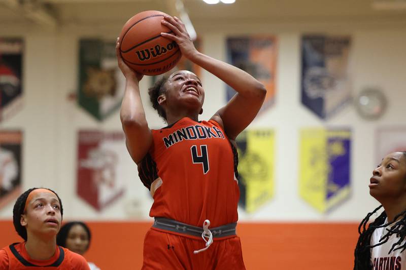 Minooka’s Makenzie Brass takes a shot against Romeoville on Tuesday January 24th, 2023.