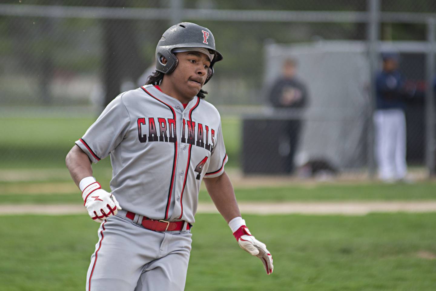 Forreston's Noah Johnson rounds first after hitting a double against Sterling on Monday, May 2, 2022.