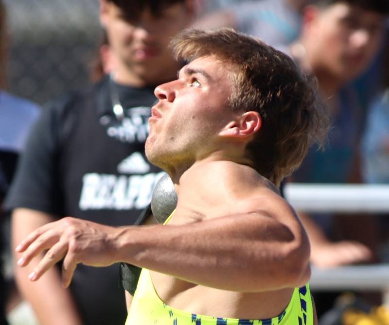 Johnsburg’s Brett Centnarowicz competes in the shot put in KRC Conference Track Meet action at Richmond-Burton High School in Richmond on Tuesday, May 13, 2025.