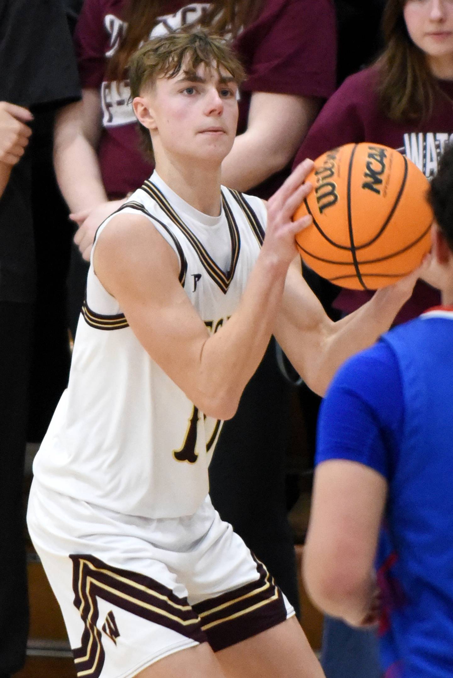 Watseka's Quinn Starkey eyes up a 3-pointer during the Warriors' IHSA Class 2A Hoopeston Regional quarterfinal at home against Iroquois West Monday, Feb. 24, 2025.