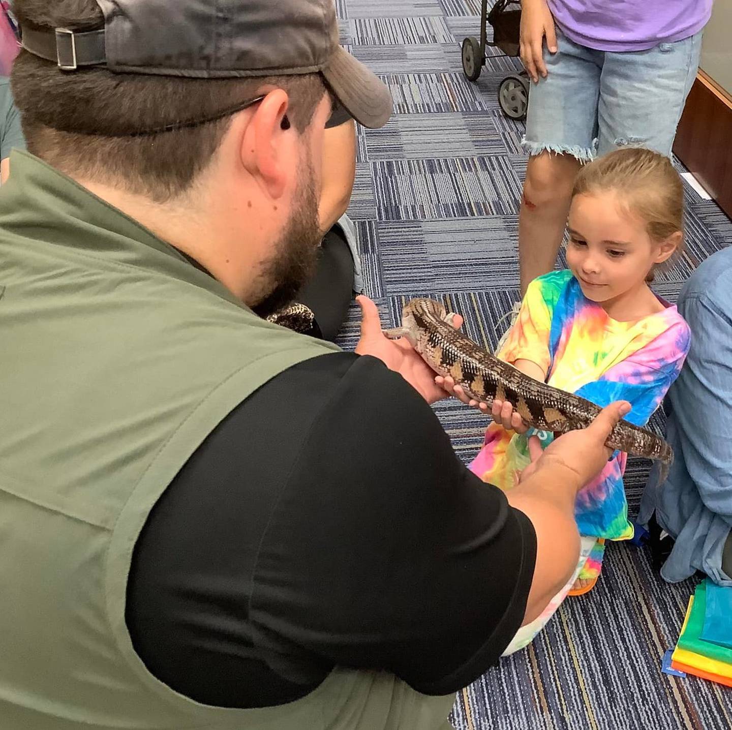A blue-tongue skink is shown to one of the visitors of the Reddick Library's reptile and bug program Friday, June 10, 2022. Crosstown Exotics Traveling Bug and Reptile Show provided the animals.