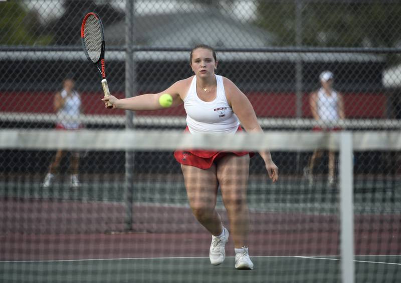 Bradley-Bourbonnais' Mary Claire looks to return a hit in the first place singles match of the All-City tournament against Kankakee on Wednesday, October 1, 2025.