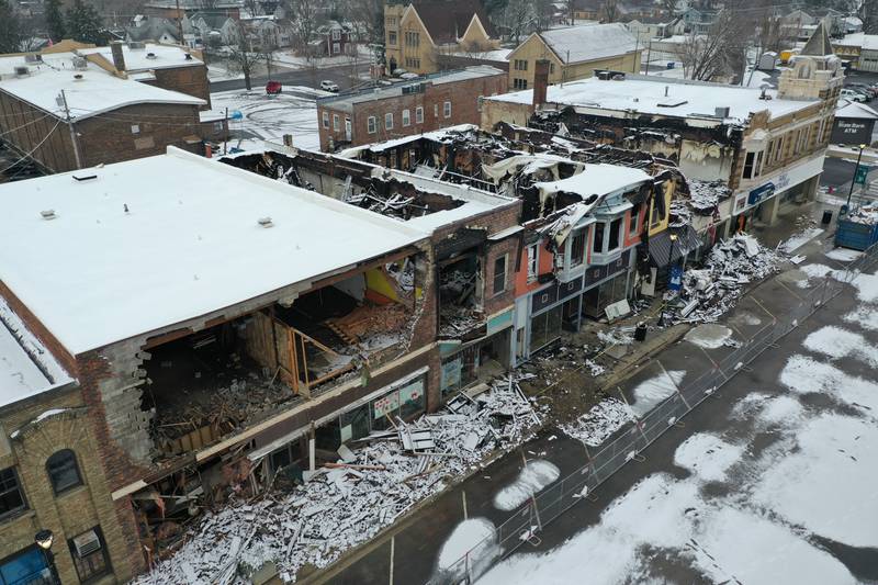 An aerial view of the buildings on the 700 block of Illinois Avenue on Thursday, Jan. 5, 2023 downtown Mendota. The fire happened shortly after 9p.m. on Thursday, Dec. 29, 2022. The fire escalated to a four and to a five MABAS alarm and an EMS fourth alarm.