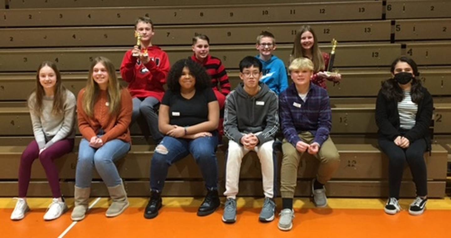 Participants in the Genoa-Kingston Scripps Spelling Bee (back row, from left): Kaden Sosnowski, Kolton Robinson, Gabe Fultz, Alayna Johnson (front row) Isabella Odom, Shaylin Schnell, Arianna Evans, Elton Lin, Brycen Wiegartz, and Karol Cortes-Gomez