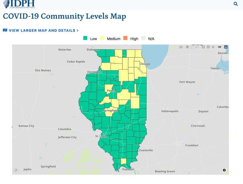 According to the CDC, 23 counties in Illinois are now rated at the Medium Community Level, including 14 counties in the northern part of the state, eight in the central part and one in Southern Illinois.