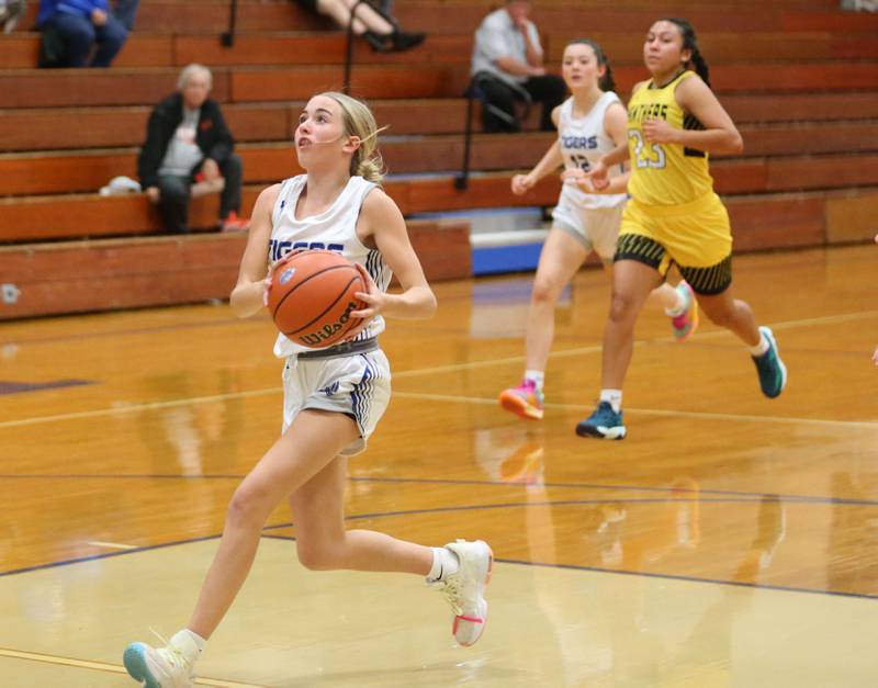 Princeton's Paige Jesse looks to shoot a shot over Putnam County's Valeria Villagomez during the Princeton Holiday Girls Basketball Tournament on Tuesday, Nov. 19, 2024 at Princeton High School.