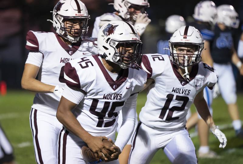 Prairie Ridge's Aidan Rodriguez celebrates a turnover during their game against Burlington Central on Friday, September 19, 2025 at Burlington Central High School. Ryan Rayburn for Shaw Local
