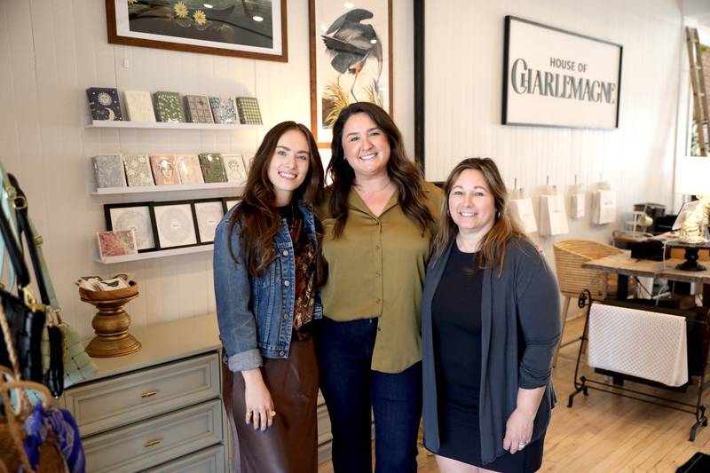 (Left to right) Rachel McCarthy, Lauren Garbutt and Michelle Willman will open House of Charlemagne, a new home decor shop specializing in vintage and new home decor items and refinished furniture at 221 W. Main St. in St. Charles. The store will have its grand opening on April 15, 2023 during the St. Charles Shop Crawl.