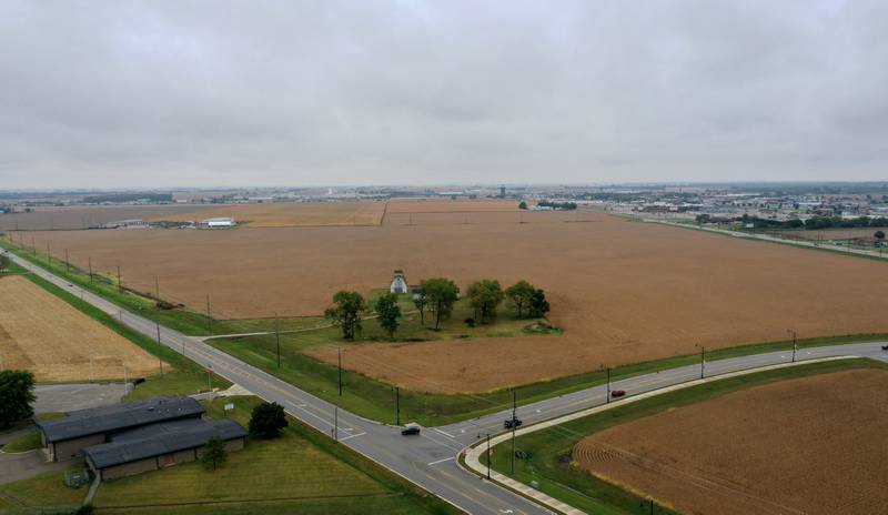 An aerial view looking northeast of the intersection of Plank Road and Midtown Road and Peoria Street on Tuesday, Sept. 24, 2024 in Peru. The City of Peru released a drawing at the past city council meeting to give residents an idea of how a multi-faceted sports complex and city center may be laid out in Peru.