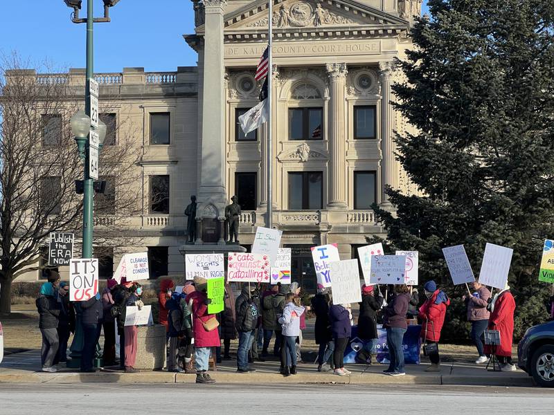 Dozens hold signs advocating for women's rights including abortion access and safety from domestic violence during a March for Women's Rights, seen on Saturday, Jan. 18, 2025, from the south side of State Street in downtown Sycamore on Jan. 18, 2025. The march was hosted to coincide with the national women's rights march in Washington, D.C.