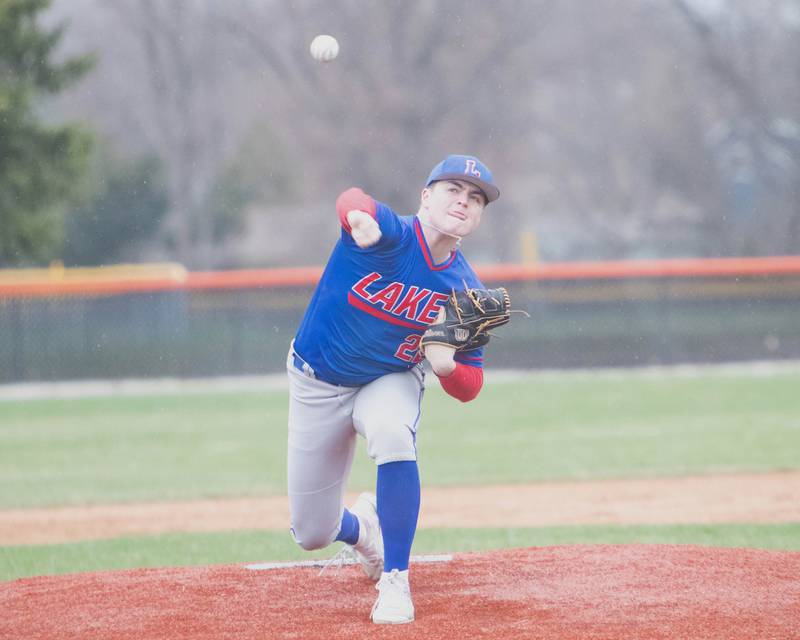 Lake's Brett Beerbower delivers a pitch against Crystal Lake Central on Friday April 4, 2025 in Crystal Lake.
