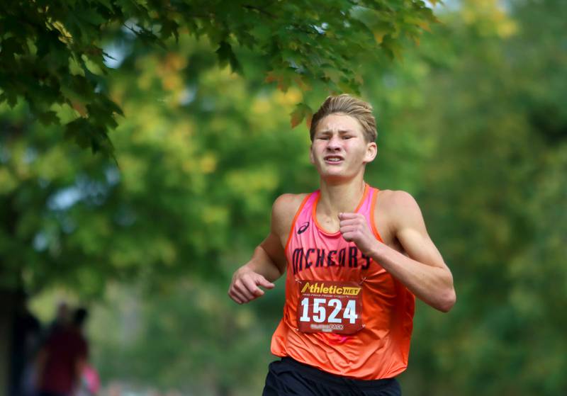 McHenry’s Myles Wagner places second in the Fox Valley Conference Cross Country Meet at McHenry County College in Crystal Lake on Saturday, October. 18, 2025.