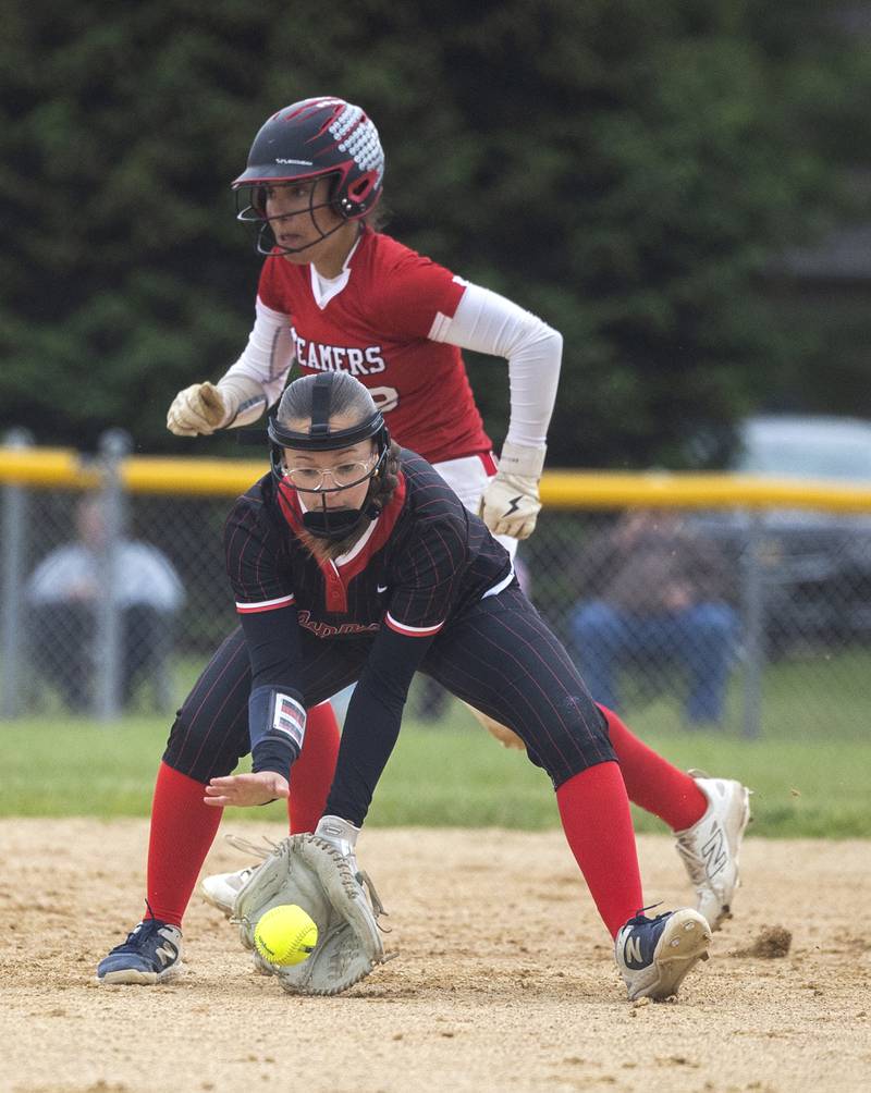Amboy’s Leighton Gulley fields a grounder at short against Fulton Wednesday, May 21, 2025, during a Regional semifinal softball game.