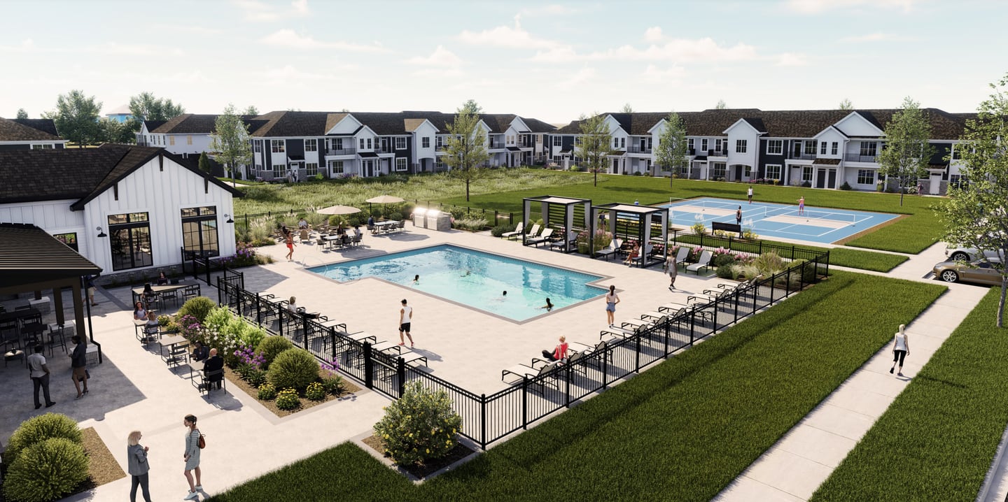 A rendering shows a proposed development on more than 35 acres off Route 31 in Cary from Milwaukee-based Fiduciary Real Estate. It would have   commercial space mixed with luxury housing and amenities like a dog park, pool house and pickle ball courts.