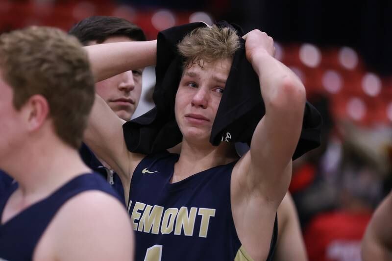 Lemont’s Matas Castillo show his emotions after a close loss to Simeon in the Class 3A super-sectional at UIC. Monday, Mar. 7, 2022, in Chicago.