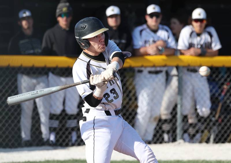 Sycamore's Kyle Hartmann takes a cut during their game against Ottawa Friday, April 19, 2024, at the Sycamore Community Sports Complex.