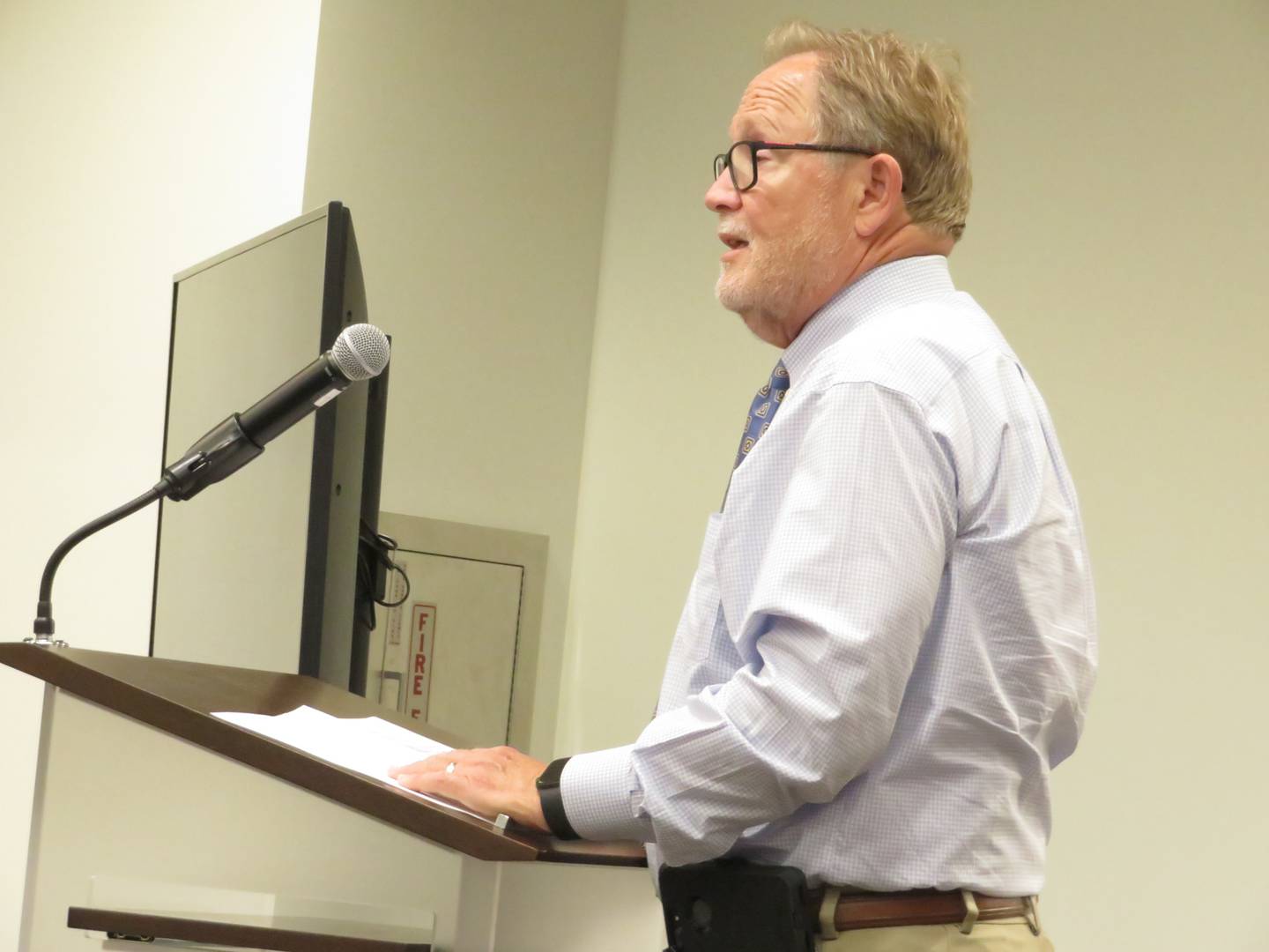 Paul Borek, executive director for DeKalb County Economic Development Corporation, reads a prepared statement in support of Project Barb during the Monday, July 26, 2021 DeKalb City Council meeting at DeKalb Public Library.
