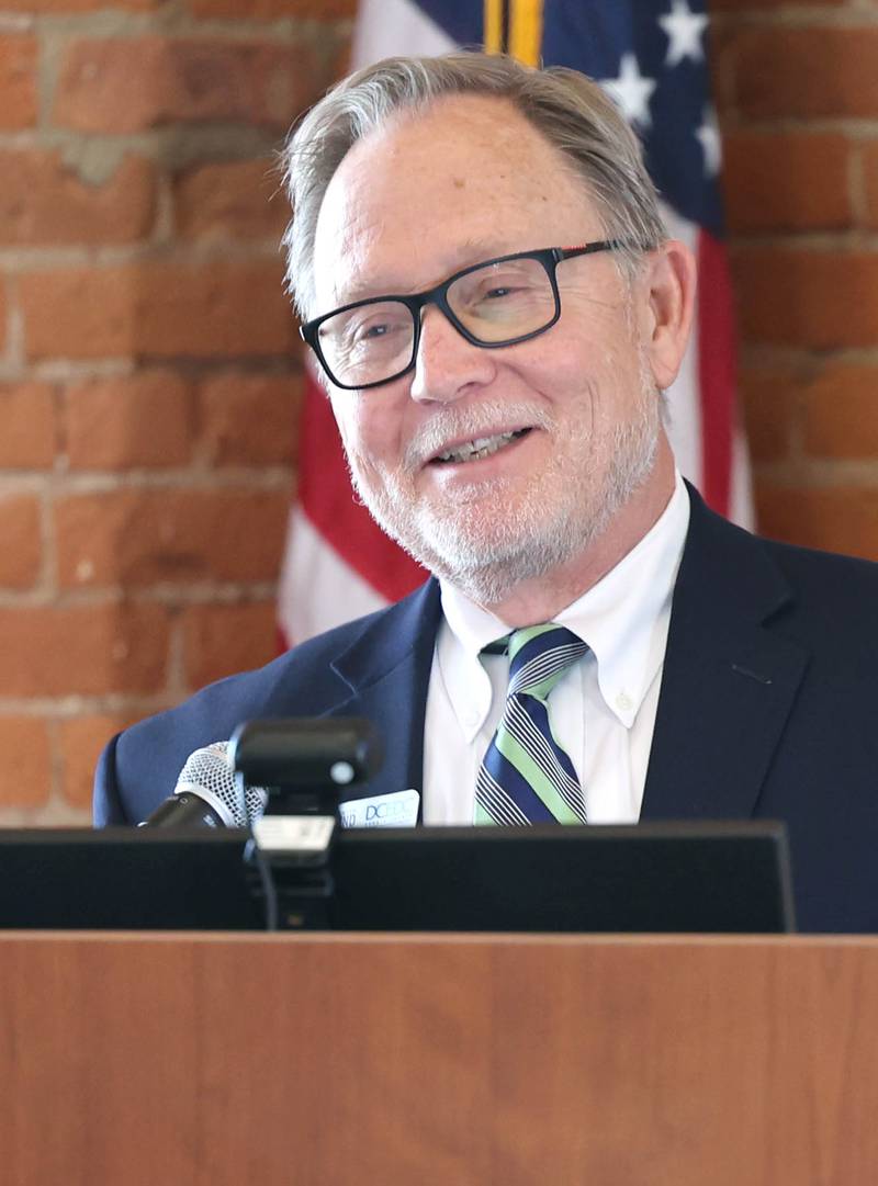 Paul Borek, executive director of the  DeKalb County Economic Development Corporation, speaks during the State of the Community address Thursday, May 11, 2023, in the DeKalb County Community Foundation Freight Room in Sycamore. The event was hosted by the Sycamore Chamber of Commerce.