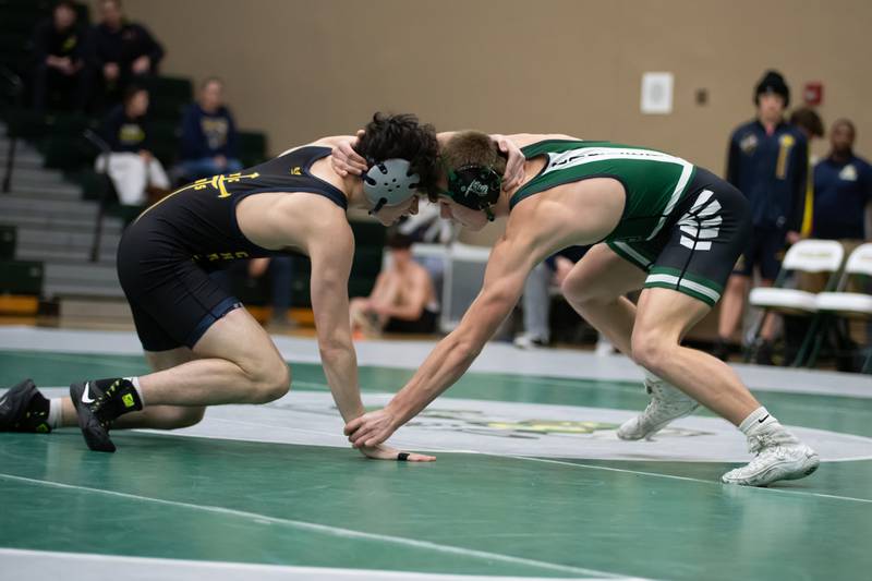Yorkville's Austin Wadas Luis, left, and Coal City's Aidan Kenney wrestle in the 157-pound match during the IHSA Class 1A Coal City Dual Team Sectional on Thursday, Feb. 5, 2026.