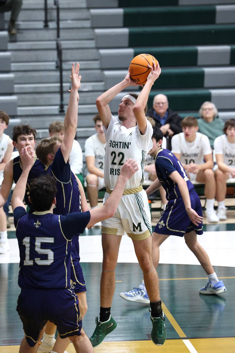 Bishop McNamara's Nolan Smith looks to shoot during the Fightin' Irish's 62-25 victory over Chesterton Academy on Wednesday, Jan. 7, 2026.
