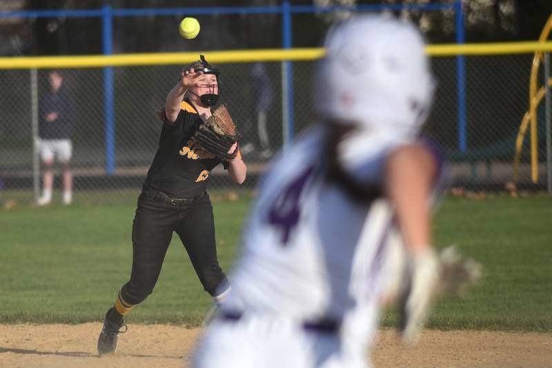 Herscher's Abby Overacker, left, throws to first base as Wilmington's Madisyn Rossow races to the bag during a game at Wilmington Tuesday, April 15, 2025.