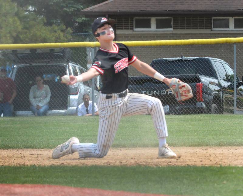 Fulton second baseman Caden Wilkin throws to first against River Ridge/Scales at the 1A Lena-Winslow Sectional final on Saturday, May 31, 2025.