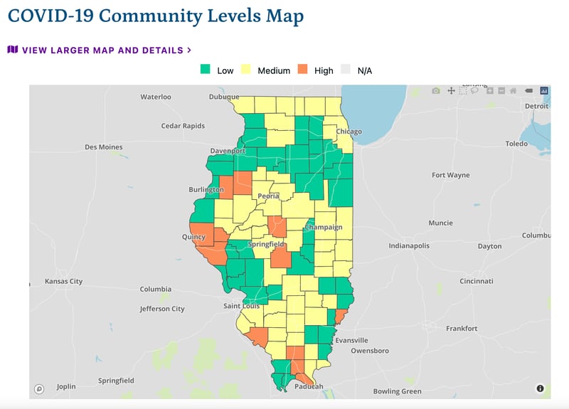 The latest COVID-19 community levels according to the Illinois Department of Public Health as of Friday, December 2, 2022