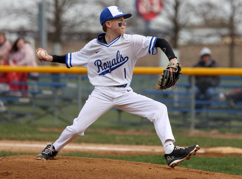 Hinckley-Big Rock’s Travis Herrmann delivers a pitch during their game against Polo Thursday, April 3, 2025, at Hinckley-Big Rock High School.
