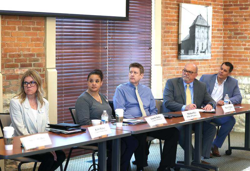 The panel listens to Steve Wilder, superintendent of Sycamore School District 427, make his presentation Wednesday, May 1, 2024, at the Sycamore Chamber of Commerce State of the Community Address in the DeKalb County Community Foundation Freight Room.