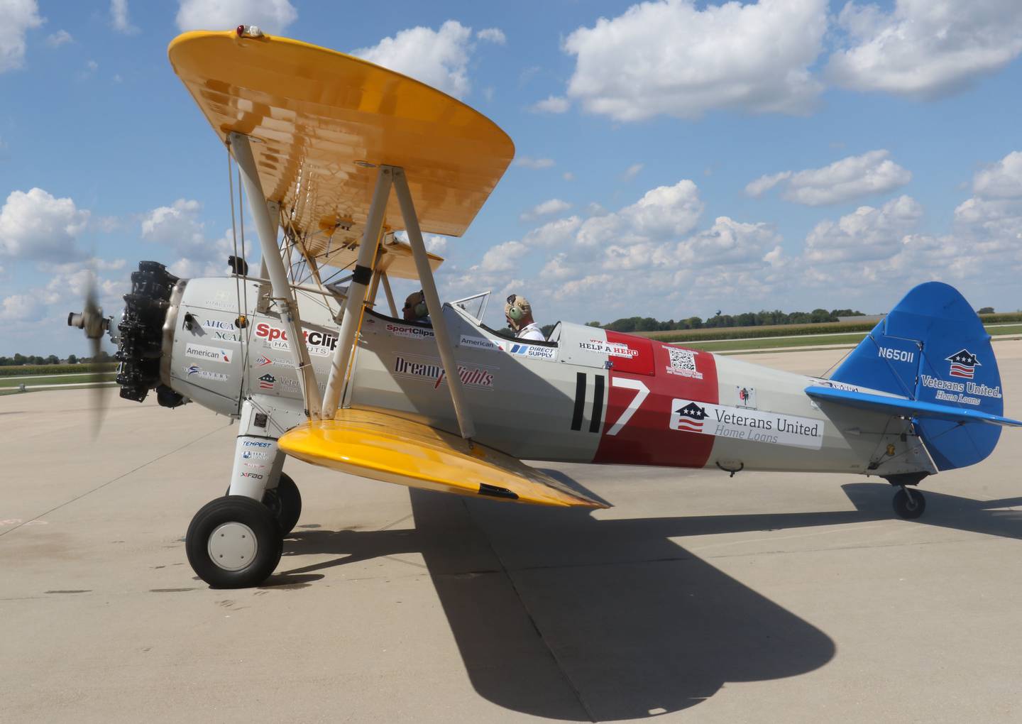 A Veteran takes off in a 1942 Boeing Stearman A-75 Primary Trainer during a Veteran Dream Flight on Tuesday, Sept 2, 2025 at the Illinois Valley Regional Airport in Peru.
