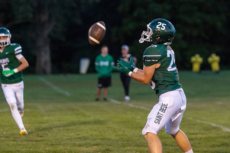 Brennen Hirst (25) of St. Bede catches return kick on Friday, Sept 12, 2025 at Captain Thomas J. Heitmann field in Peru.