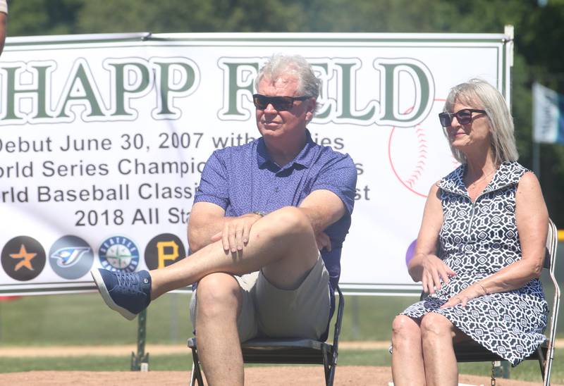 J.A. Happ's parents Sue and Jim listen to J.A. Happ speak during the J.A. Happ Day and field dedication on Sunday, July 30, 2023 at Washington Park in Peru.