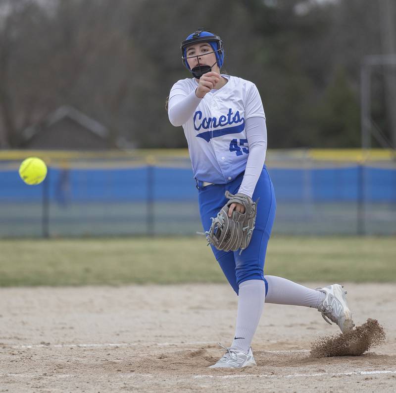 Newman’s Gianna Vance fires a pitch against Lena-Winslow Wednesday, April 1, 2026.