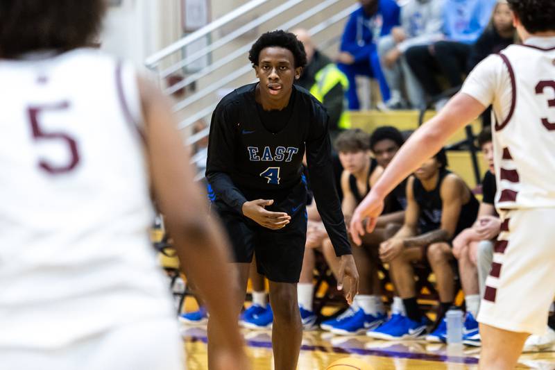 Lincoln-Way East's Marcus Gordon surveys the court during a varsity basketball game against Lockport at Lockport Township High School East Campus on Jan. 23, 2026.