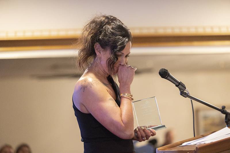Sarah Partington gets emotional Friday, April 17, 2026, after being awarded the Spirit of Discover Dixon and Community Pride Award during the Best of Dixon celebration.