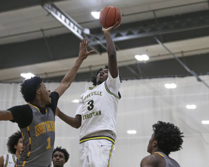 Yorkville Christian's Jayden Riley (3) puts up a shot during their basketball game between Christ the King at Yorkville Christian, Feb 6, 2026 in Yorkville.