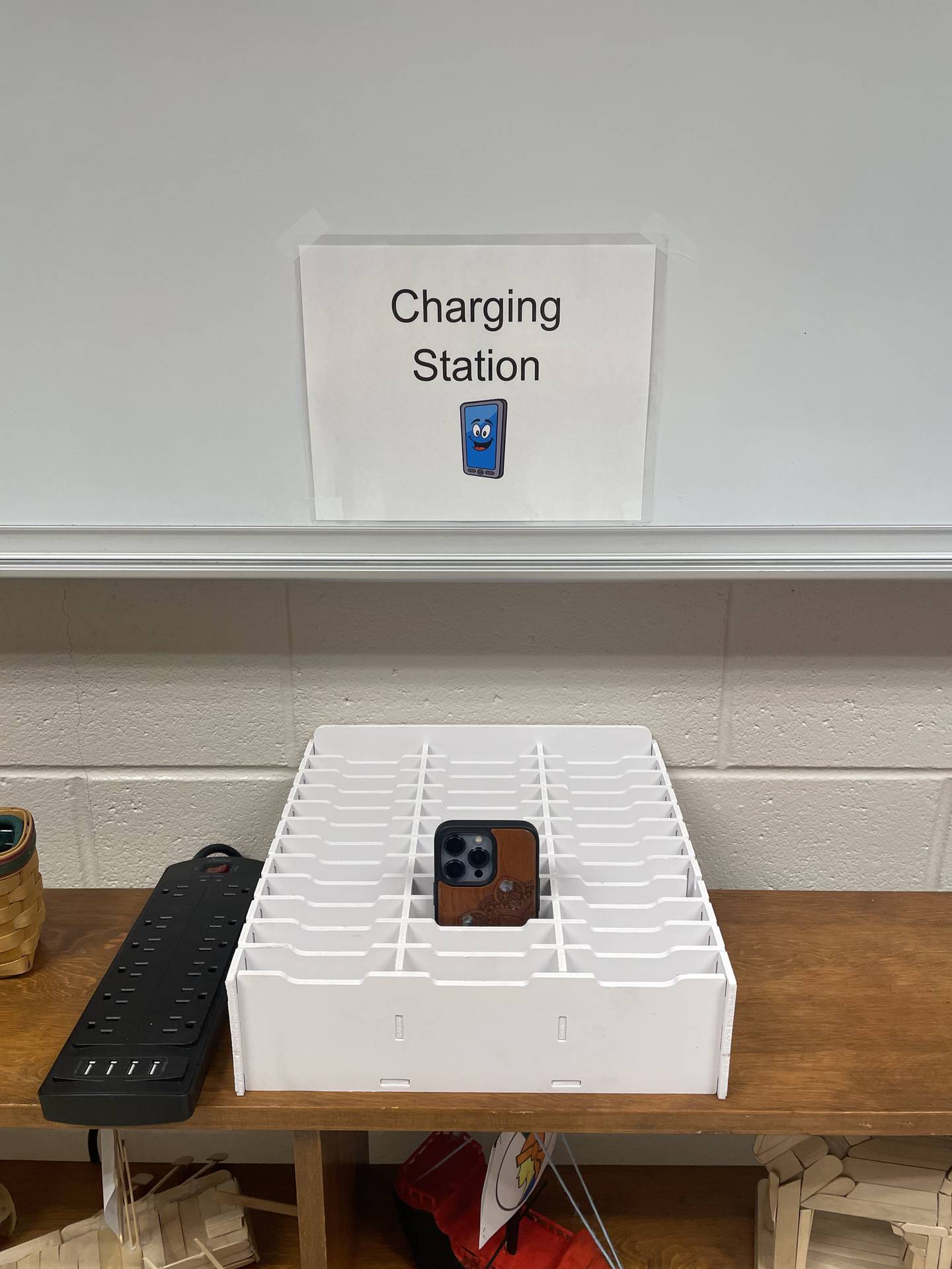 An example of a holder and charging station used at Mendota High School to keep cellphones during class.