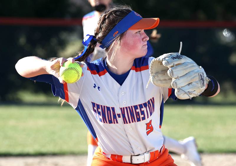 Genoa-Kingson's Olivia Vasak fires the ball to first during their game against Forreston Friday, March 15, 2024, at Genoa-Kingston High School.