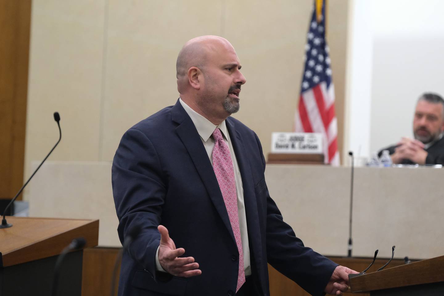 Prosecuting attorney Steven Platek makes final statements to the jury in the Jeremy Boshears murder trial. Boshears is charged with the murder of Kaitlyn “Katie” Kearns, 24, on Nov. 13, 2017. Friday, April 29, 2022, in Joliet.