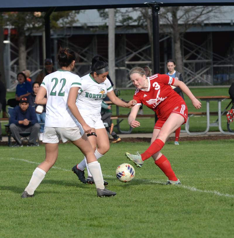 Oregon's Deborah Schmid takes a shot at the goal against North Boone during a Tuesday, April 23, 2024 game at Oregon Park West. Schmid had two goals in Oregon's 3-1 win.