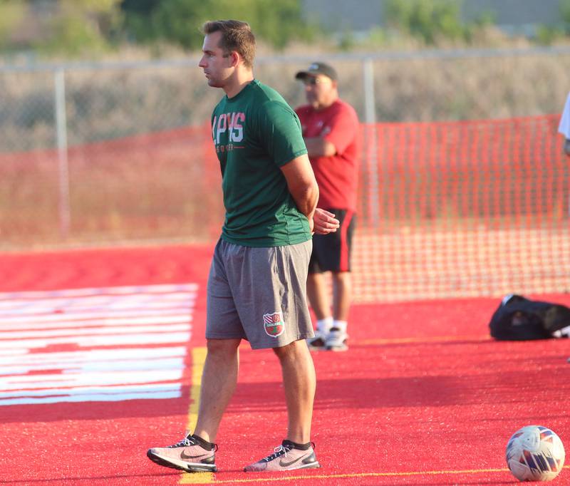 L-P head soccer coach David Spudic coaches his team against Kaneland on Monday, Aug. 28, 2023 at the L-P Athletic Complex in La Salle.