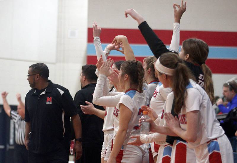 Marian Central’s Head Coach Lee Brown and the Hurricanes get revved up as they build a first-half lead over Rockford Guilford in varsity girls basketball Saturday at Landers Pavilion on the campus of Marian Central High School in Woodstock.