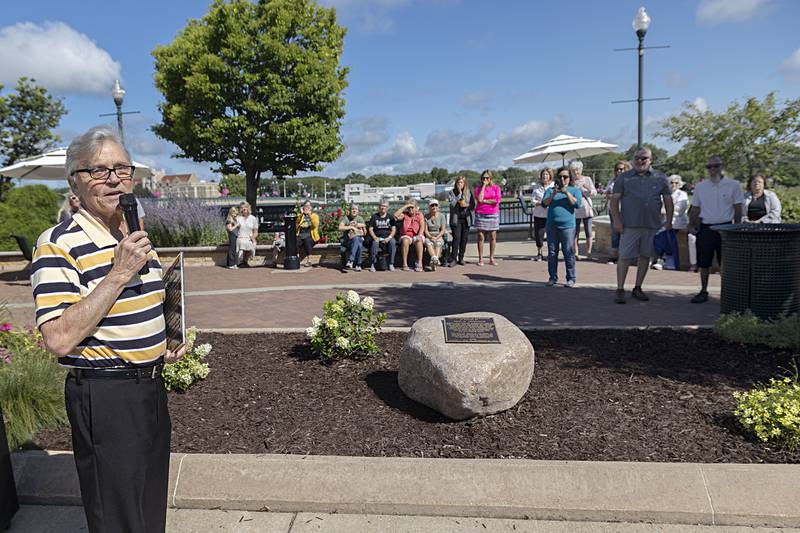 John Groshans thanks his wife and the people of Dixon during a ceremony Friday, Aug. 9, 2024 honoring the riverfront caretaker for his many hours of hard work.