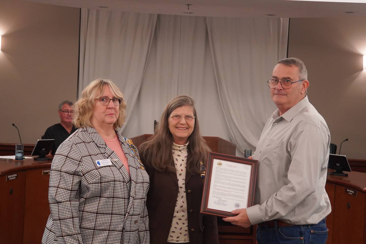 At the Oct. 27, 2025 meeting of the Rochelle City Council, a proclamation was read in honor of National Family Literacy Day on Nov. 1, 2025. The proclamation was accepted by the Rochelle Chapter of the Daughters of the American Revolution. Shown from left to right are DAR Members Becky Danner and Lydia Roberts and Rochelle City Councilman Tom McDermott.