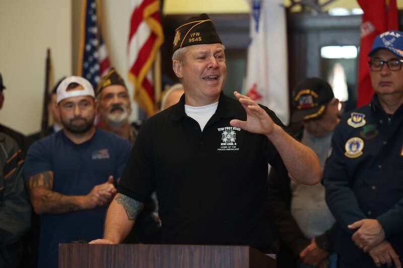 Bart Christianson, of the VFW Post 9545, gives an emotional speech at the Veterans Day event at the New Lenox Village Hall on Monday, Nov. 11, 2024.