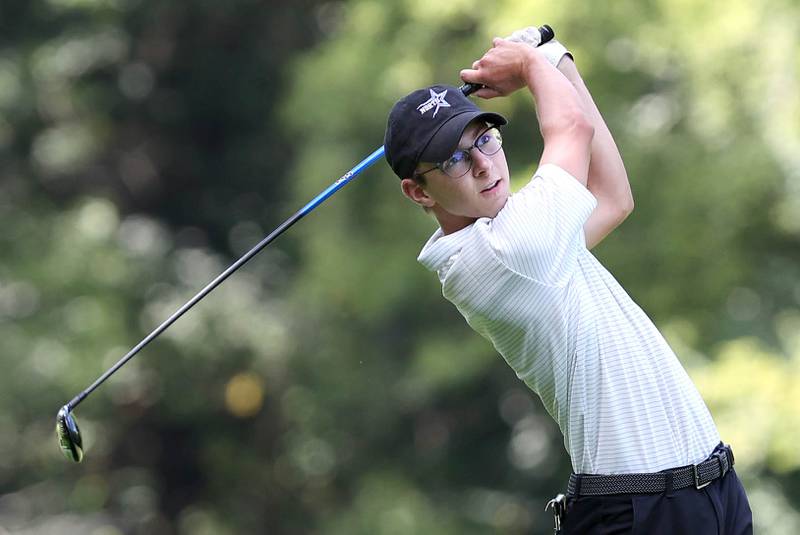 St. Charles North's Mason Siegfried tees off on the 3rd hole Monday, Aug. 22, 2022, during the Mark Rolfing Cup at Kishwaukee Country Club in DeKalb.