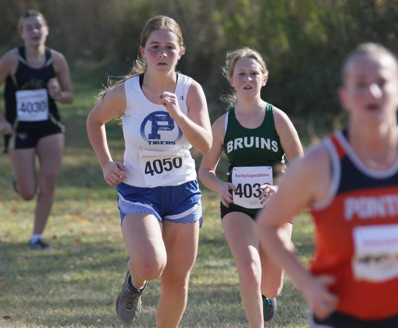 Princeton's Claire Grey and St. Bede's Jaelyn Weber run in the Class 1A Regional Cross Country gils race on Saturday, Oct. 22, 2022 at the Seneca FFA Farm in Marseilles.