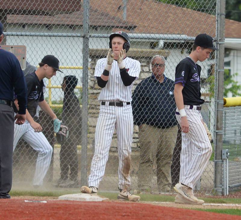 Fulton's Braedon Meyers celebrates after hitting a triple against Rockford Lutheran at the 1A Lena-Winslow Sectional on Wednesday, May 28, 2025. The Steamers won the game 4-1 to advance to Saturday's sectional final.